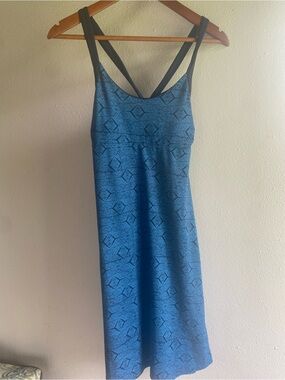 Patagonia Morning Glory Dress Diamante Navy Blue Geometric Cross Back Activewear